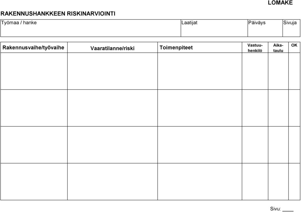 Rakennusvaihe/työvaihe Vaaratilanne/riski