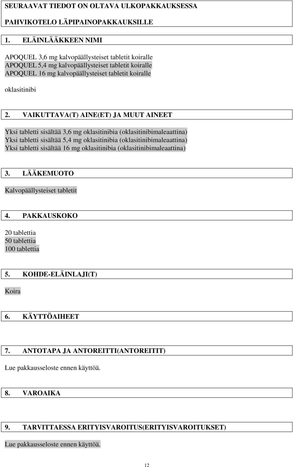 VAIKUTTAVA(T) AINE(ET) JA MUUT AINEET Yksi tabletti sisältää 3,6 mg oklasitinibia (oklasitinibimaleaattina) Yksi tabletti sisältää 5,4 mg oklasitinibia (oklasitinibimaleaattina) Yksi tabletti