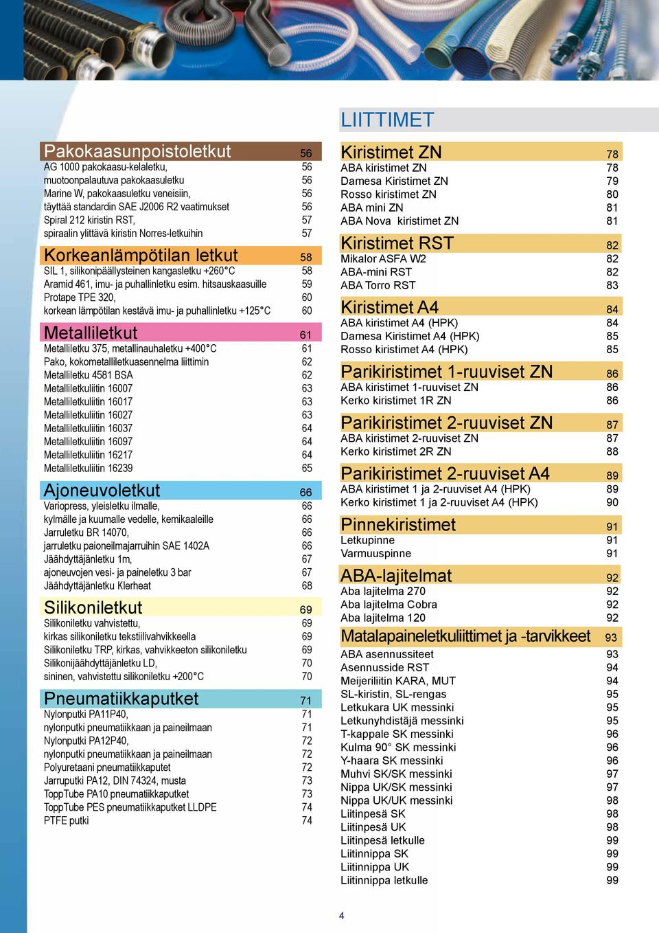 hitsauskaasuille 59 Protape TPE 320, 60 korkean lämpötilan kestävä imu- ja puhallinletku +125 C 60 Metalliletkut 61 Metalliletku 375, metallinauhaletku +400 C 61 Pako, kokometalliletkuasennelma