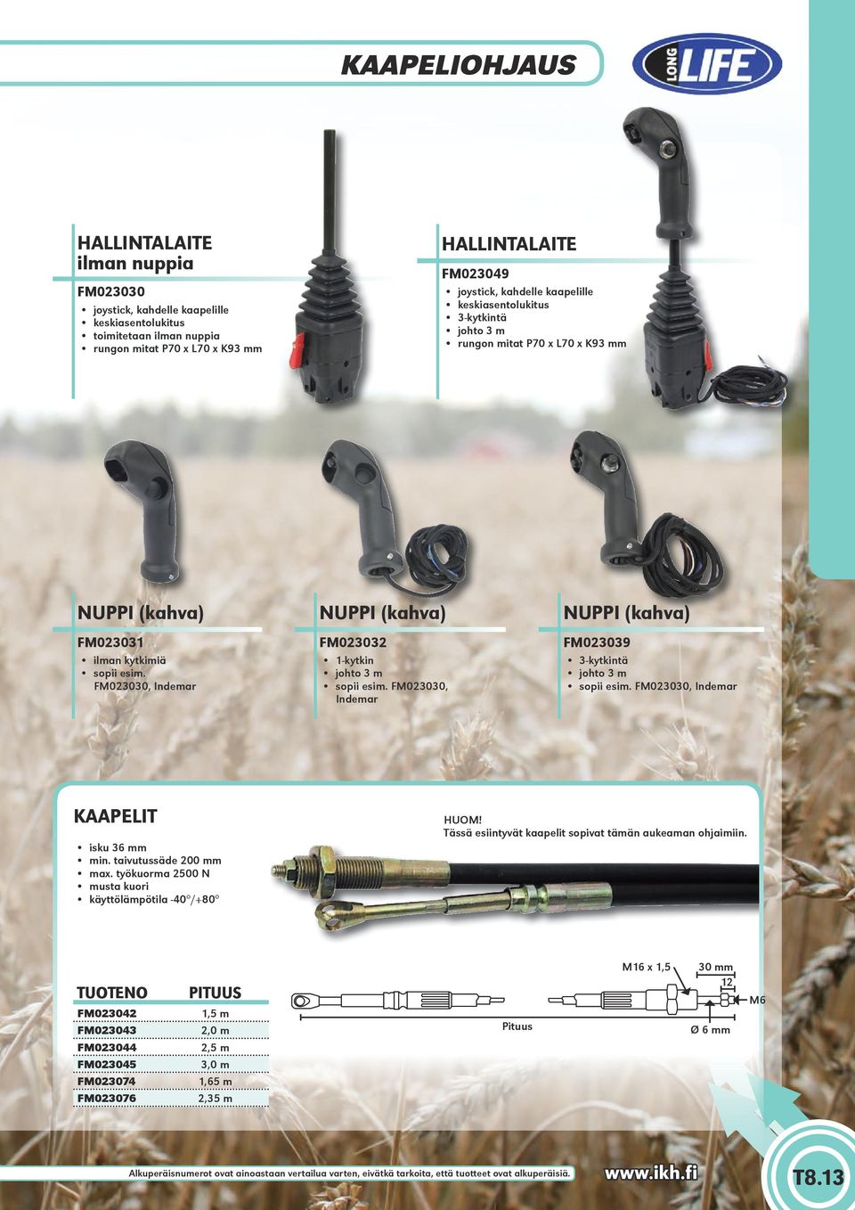 FM0200, Indemar NUPPI (kahva) FM0209 -kytkintä johto m sopii esim. FM0200, Indemar KAAPELIT isku 6 mm min. taivutussäde 200 mm max. työkuorma 2500 N musta kuori käyttölämpötila -40 /+80 HUOM!