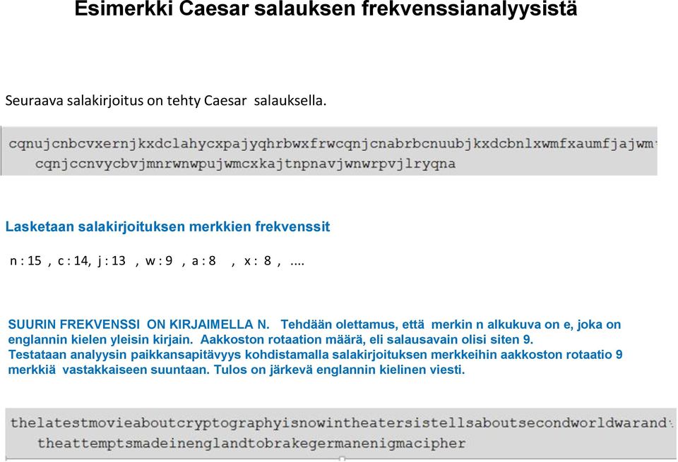 Tehdään olettamus, että merkin n alkukuva on e, joka on englannin kielen yleisin kirjain.