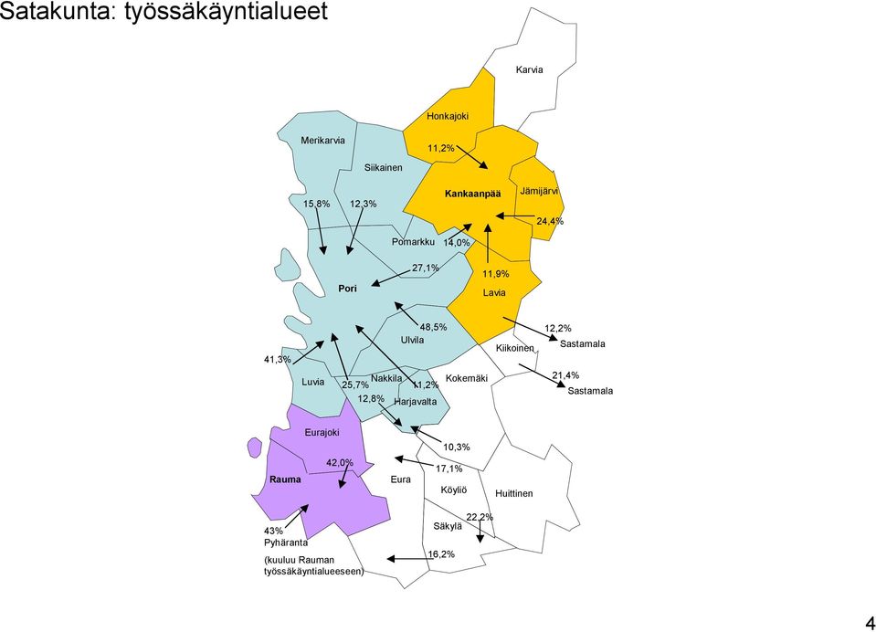 27,1% 48,5% 25,7% 11,2% 42,0% 17,1% 22,2% 16,2% 24,4% 11,2% 11,9% Satakunta: työssäkäyntialueet