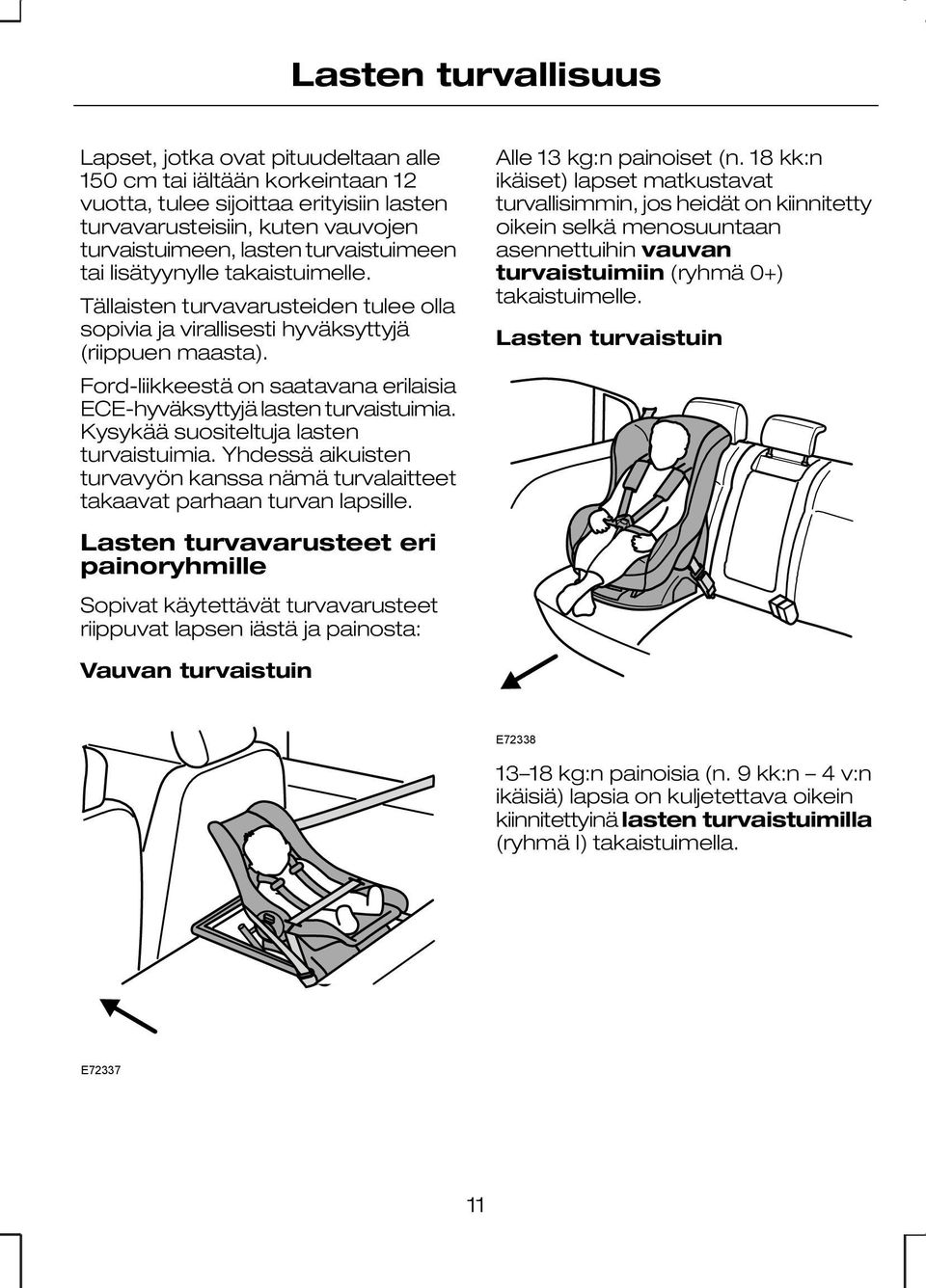 Ford-liikkeestä on saatavana erilaisia ECE-hyväksyttyjä lasten turvaistuimia. Kysykää suositeltuja lasten turvaistuimia.