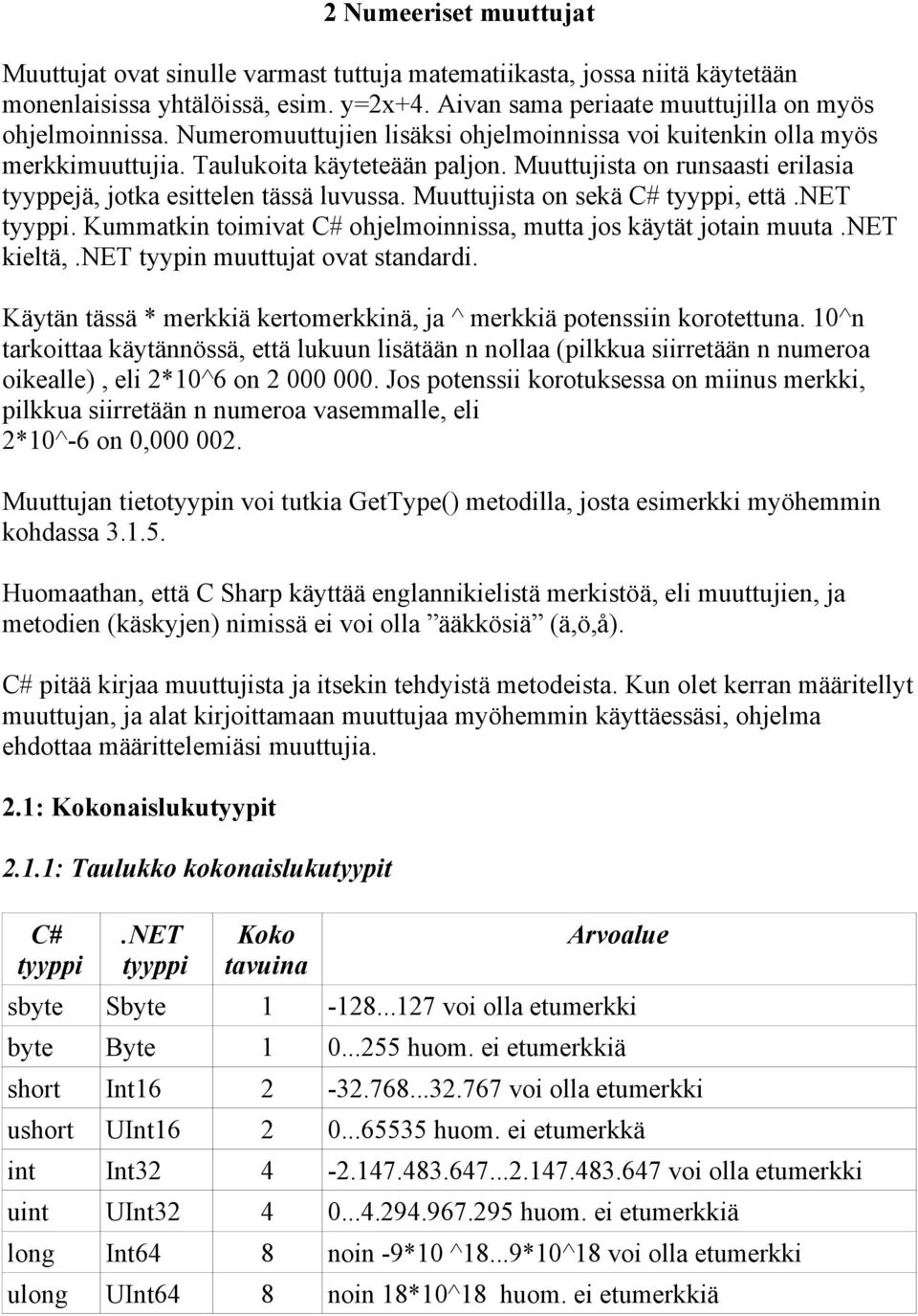 Muuttujista on sekä C# tyyppi, että.net tyyppi. Kummatkin toimivat C# ohjelmoinnissa, mutta jos käytät jotain muuta.net kieltä,.net tyypin muuttujat ovat standardi.