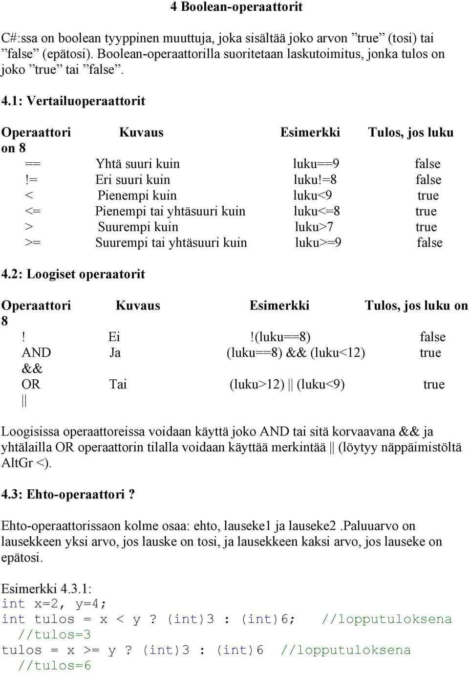 = Eri suuri kuin luku!=8 false < Pienempi kuin luku<9 true <= Pienempi tai yhtäsuuri kuin luku<=8 true > Suurempi kuin luku>7 true >= Suurempi tai yhtäsuuri kuin luku>=9 false 4.