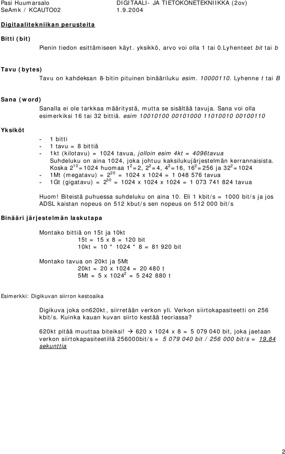 esim 10010100 00101000 11010010 00100110 Yksiköt - 1 bitti - 1 tavu = 8 bittiä - 1kt (kilotavu) = 1024 tavua, jolloin esim 4kt = 4096tavua Suhdeluku on aina 1024, joka johtuu kaksilukujärjestelmän