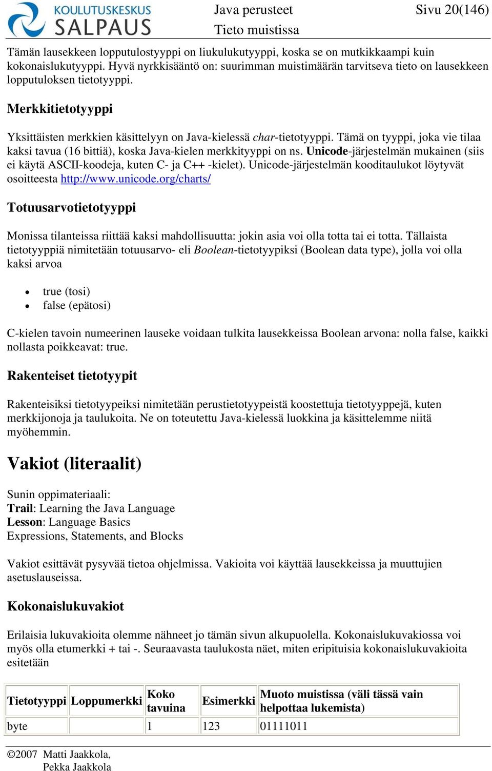 Tämä on tyyppi, joka vie tilaa kaksi tavua (16 bittiä), koska Java-kielen merkkityyppi on ns. Unicode-järjestelmän mukainen (siis ei käytä ASCII-koodeja, kuten C- ja C++ -kielet).