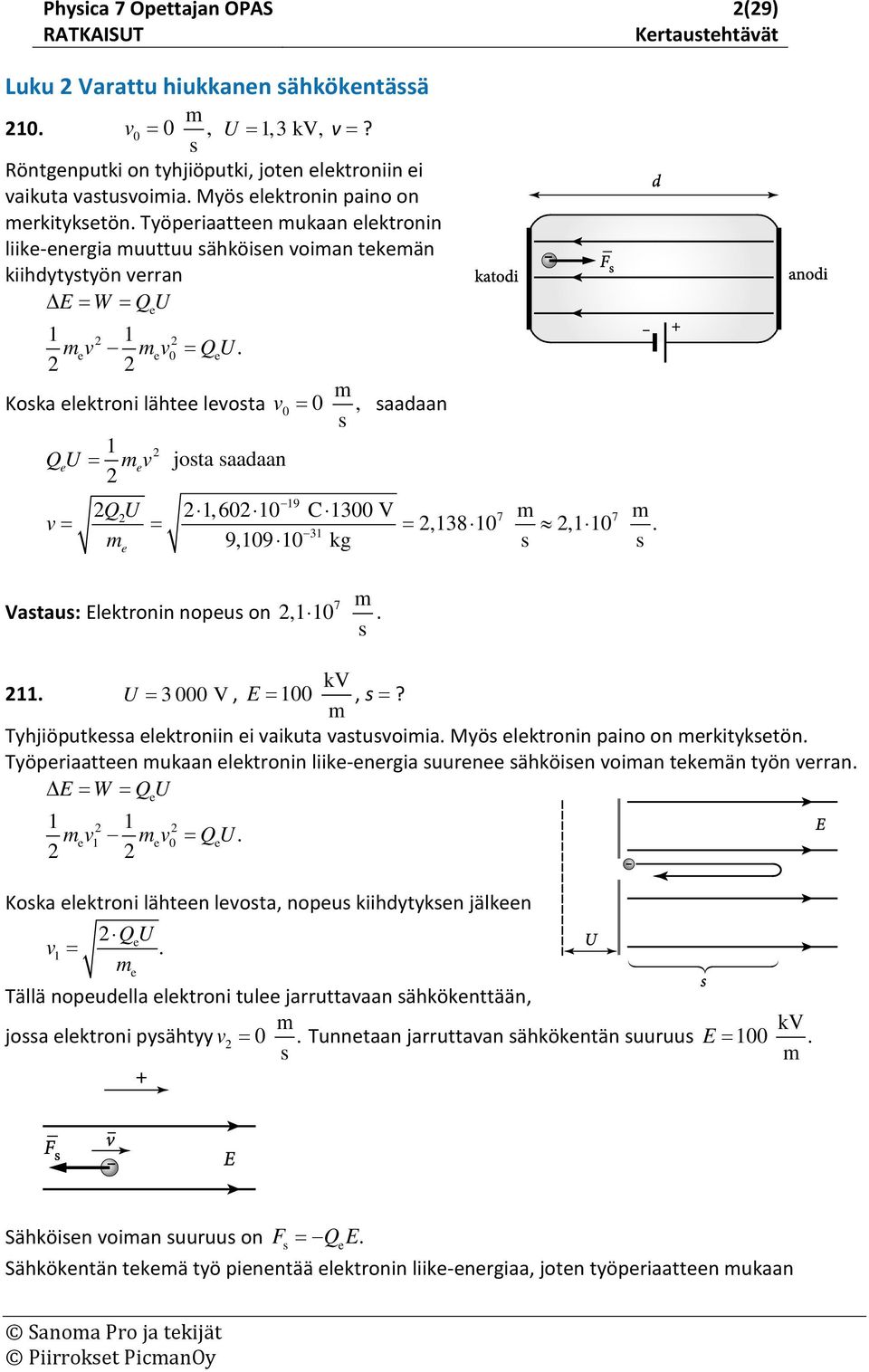 m Koka lktroni läht lvota v 0 = 0, aadaan 1 QU = mv jota aadaan 19 QU 1,60 10 C 1300 V 7 m 7 m v = = =,138 10,1 10. 1 m 9,109 10 kg Vatau: Elktronin nopu on 7 m,1 10. kv 11. U = 3 000 V, E = 100, =?