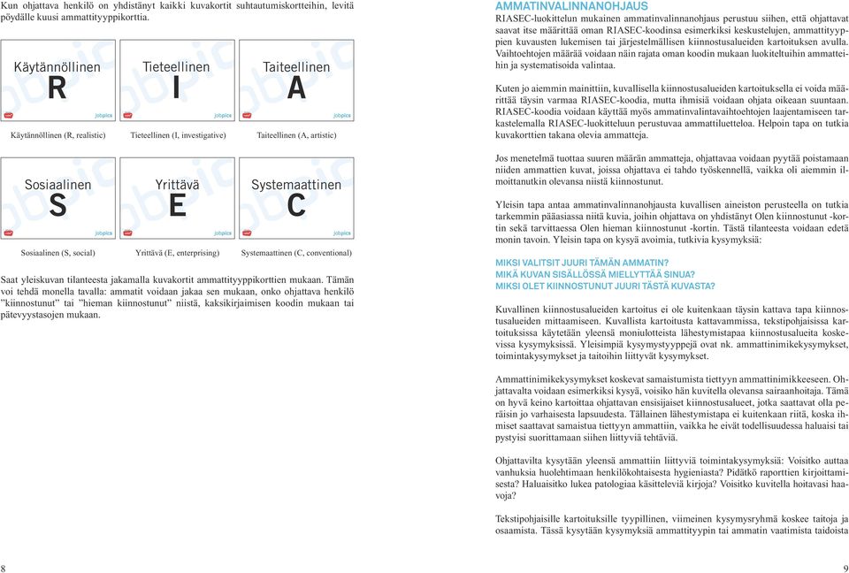 social) Yrittävä (E, enterprising) Systemaattinen (C, conventional) Saat yleiskuvan tilanteesta jakamalla kuvakortit ammattityyppikorttien mukaan.