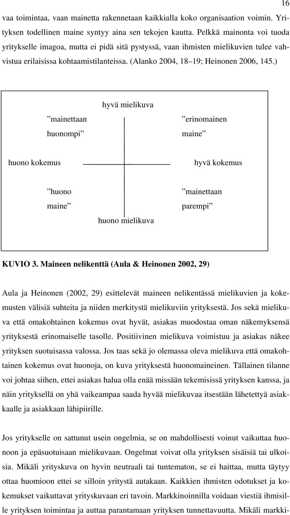 ) mainettaan huonompi hyvä mielikuva erinomainen maine huono kokemus hyvä kokemus huono maine huono mielikuva mainettaan parempi KUVIO 3.