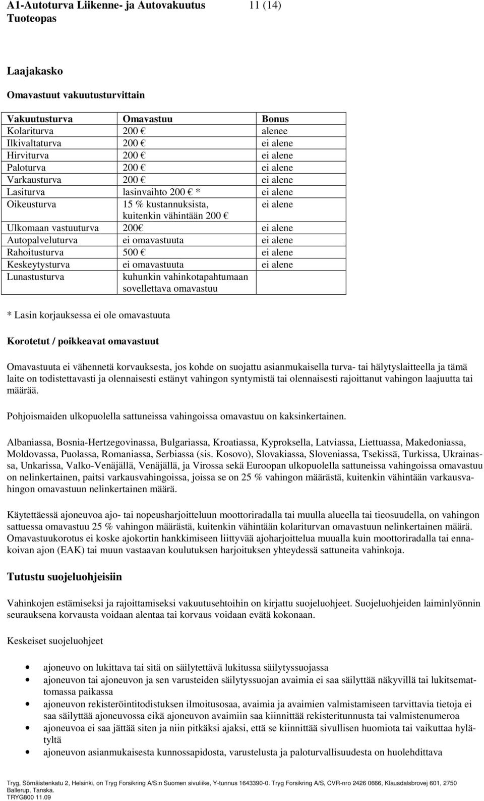 Autopalveluturva ei omavastuuta ei alene Rahoitusturva 500 ei alene Keskeytysturva ei omavastuuta ei alene Lunastusturva kuhunkin vahinkotapahtumaan sovellettava omavastuu * Lasin korjauksessa ei ole