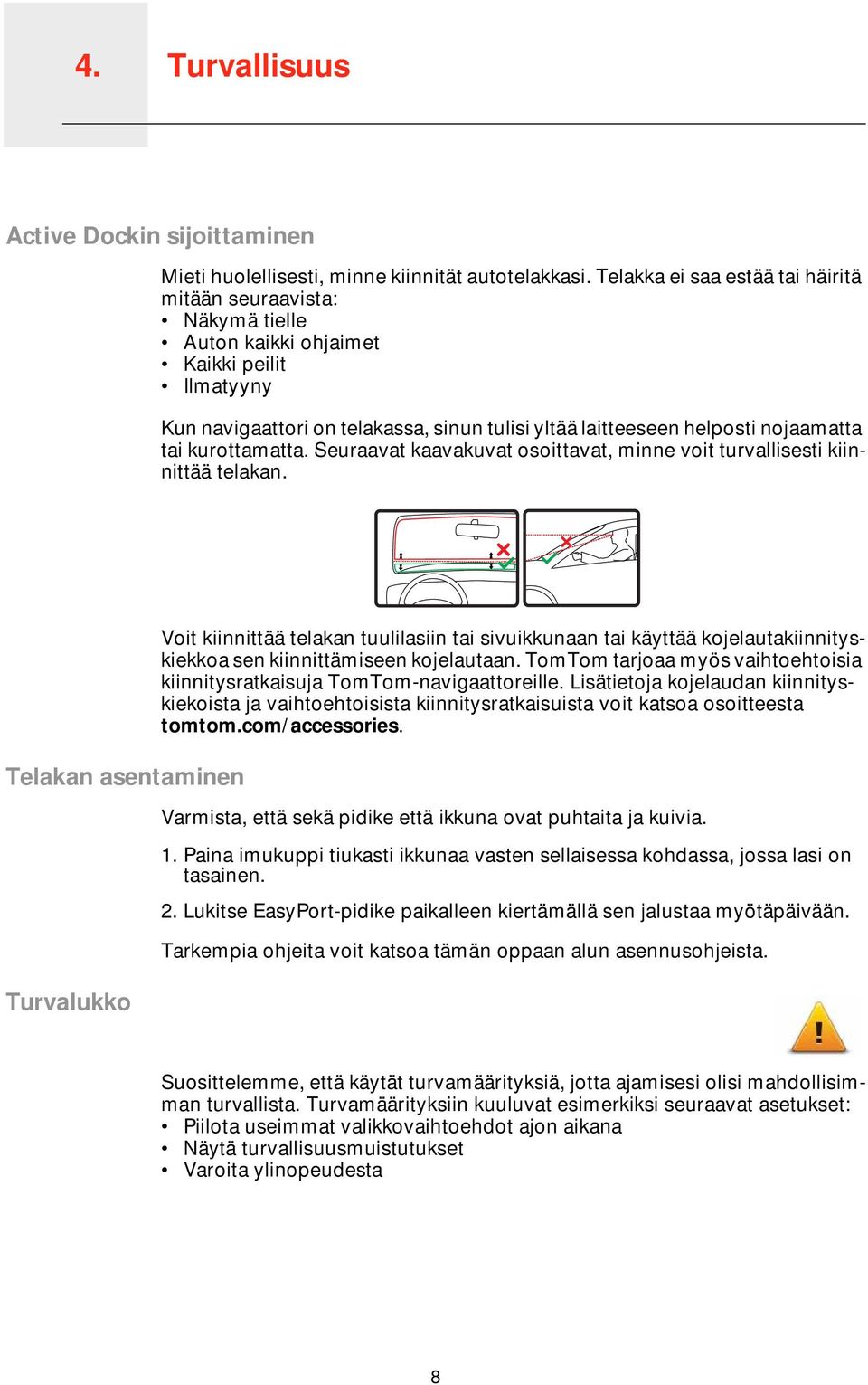 kurottamatta. Seuraavat kaavakuvat osoittavat, minne voit turvallisesti kiinnittää telakan.