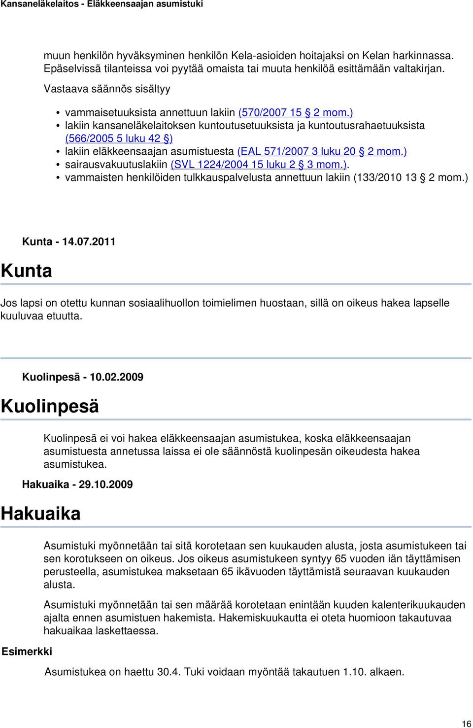 ) lakiin kansaneläkelaitoksen kuntoutusetuuksista ja kuntoutusrahaetuuksista (566/2005 5 luku 42 ) lakiin eläkkeensaajan asumistuesta (EAL 571/2007 3 luku 20 2 mom.