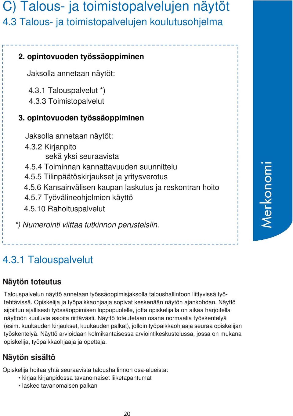 5.7 Työvälineohjelmien käyttö 4.5.10 Rahoituspalvelut *) Numerointi viittaa tutkinnon perusteisiin. 4.3.