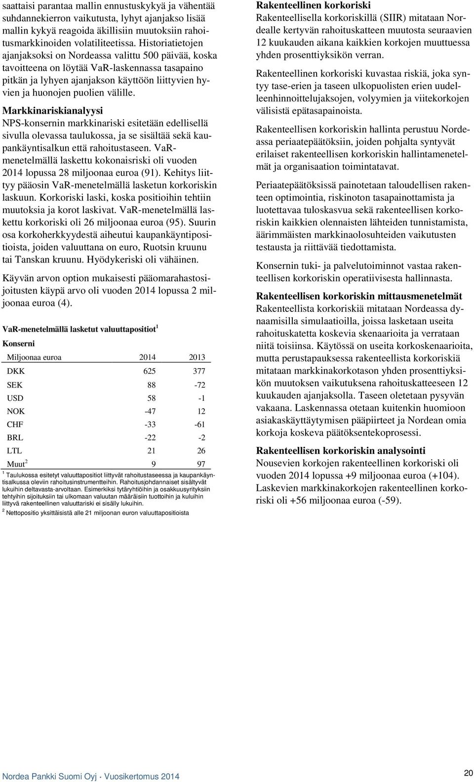 Markkinariskianalyysi NPS-konsernin markkinariski esitetään edellisellä sivulla olevassa taulukossa, ja se sisältää sekä kaupankäyntisalkun että rahoitustaseen.