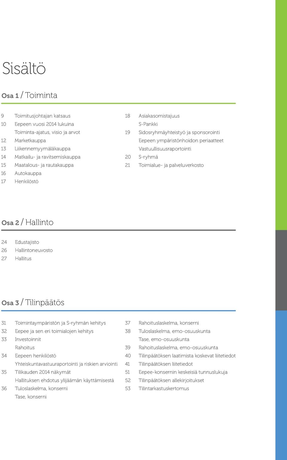 Toimialue- ja palveluverkosto Osa 2 / Hallinto 24 Edustajisto 26 Hallintoneuvosto 27 Hallitus Osa 3 / Tilinpäätös 31 Toimintaympäristön ja S-ryhmän kehitys 32 Eepee ja sen eri toimialojen kehitys 33