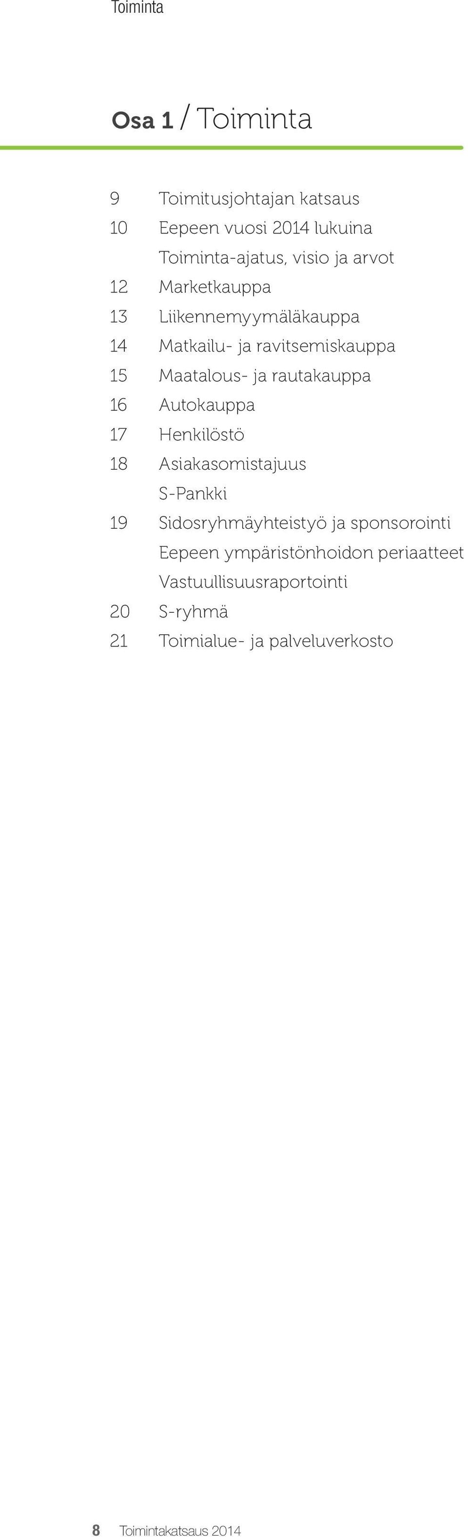 16 Autokauppa 17 Henkilöstö 18 Asiakasomistajuus S-Pankki 19 Sidosryhmäyhteistyö ja sponsorointi Eepeen