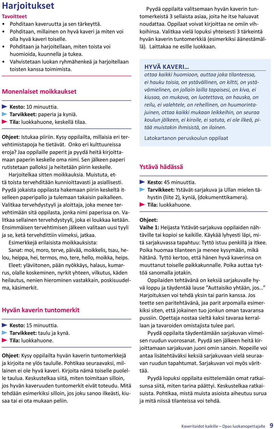 Tarvikkeet: paperia ja kyniä. Tila: luokkahuone, keskellä tilaa. Ohjeet: Istukaa piiriin. Kysy oppilailta, millaisia eri tervehtimistapoja he tietävät. Onko eri kulttuureissa eroja?