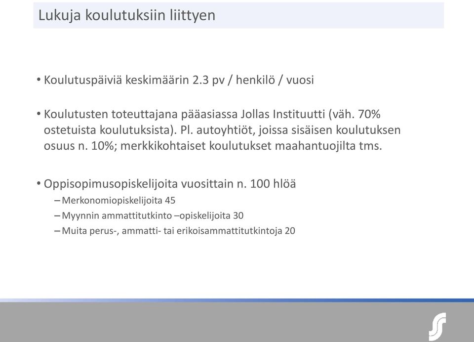 70% ostetuista koulutuksista). Pl. autoyhtiöt, joissa sisäisen koulutuksen osuus n.