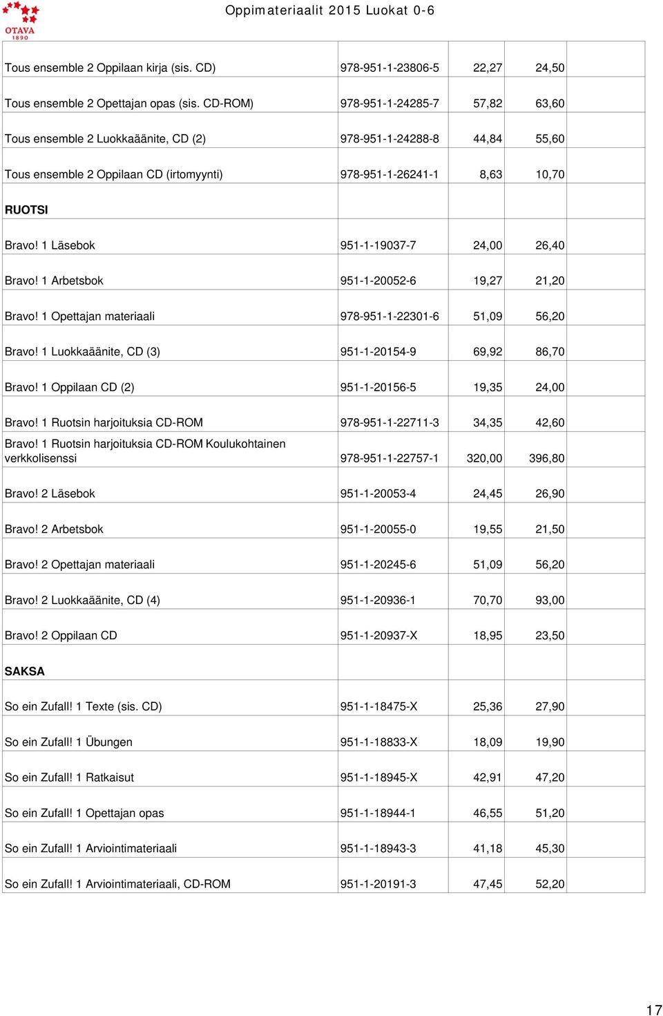 1 Läsebok 951-1-19037-7 24,00 26,40 Bravo! 1 Arbetsbok 951-1-20052-6 19,27 21,20 Bravo! 1 Opettajan materiaali 978-951-1-22301-6 51,09 56,20 Bravo!
