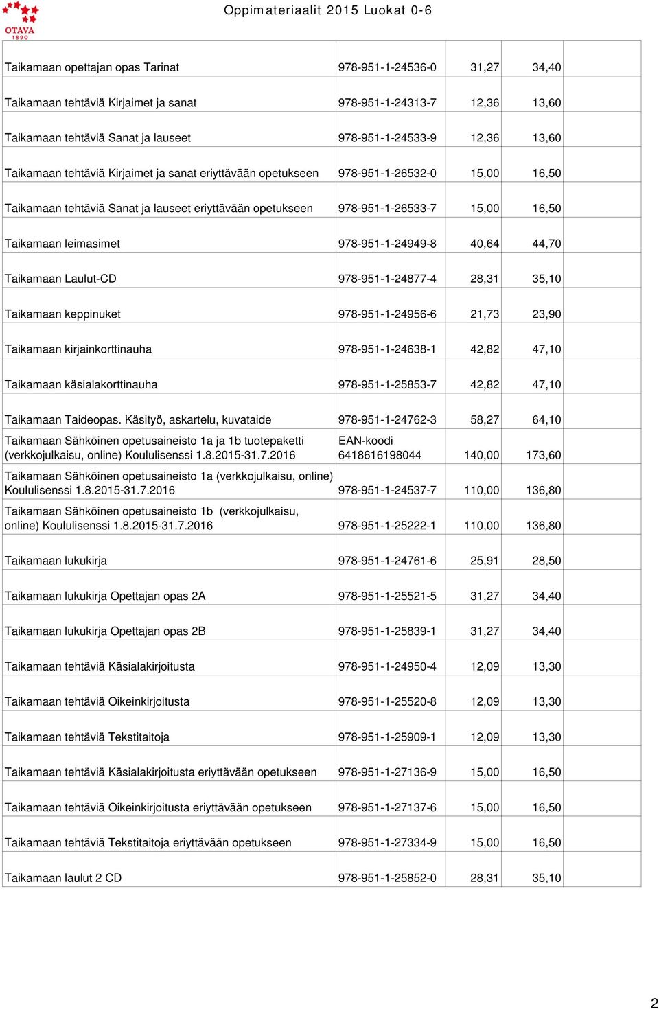 leimasimet 978-951-1-24949-8 40,64 44,70 Taikamaan Laulut-CD 978-951-1-24877-4 28,31 35,10 Taikamaan keppinuket 978-951-1-24956-6 21,73 23,90 Taikamaan kirjainkorttinauha 978-951-1-24638-1 42,82