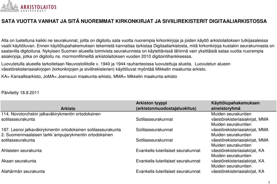 Ennen käyttölupahakemuksen tekemistä kannattaa tarkistaa Digitaaliarkistosta, mitä kirkonkirjoja kustakin seurakunnasta on saatavilla digitoituna.