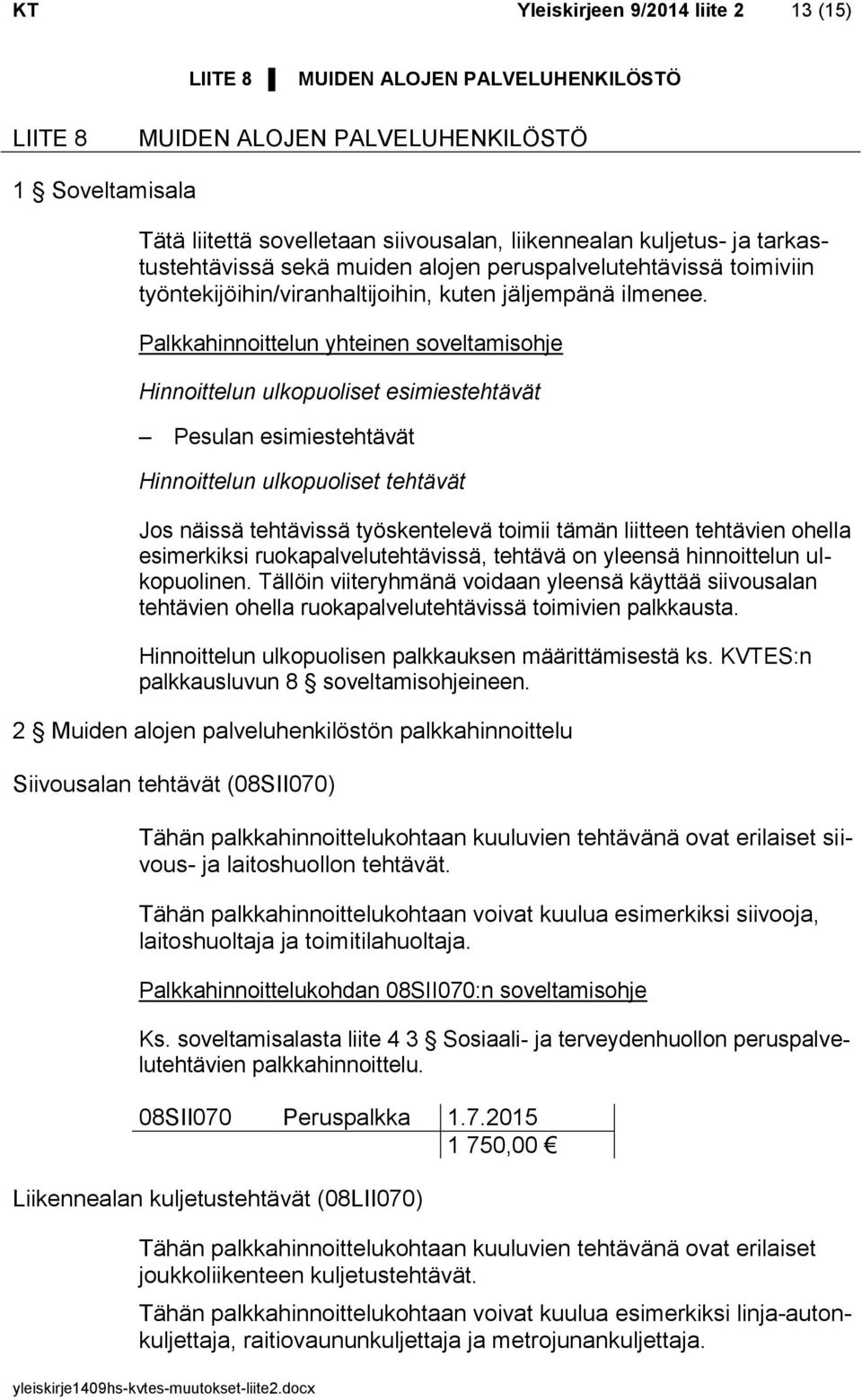 Palkkahinnoittelun yhteinen soveltamisohje Hinnoittelun ulkopuoliset esimiestehtävät Pesulan esimiestehtävät Hinnoittelun ulkopuoliset tehtävät Jos näissä tehtävissä työskentelevä toimii tämän