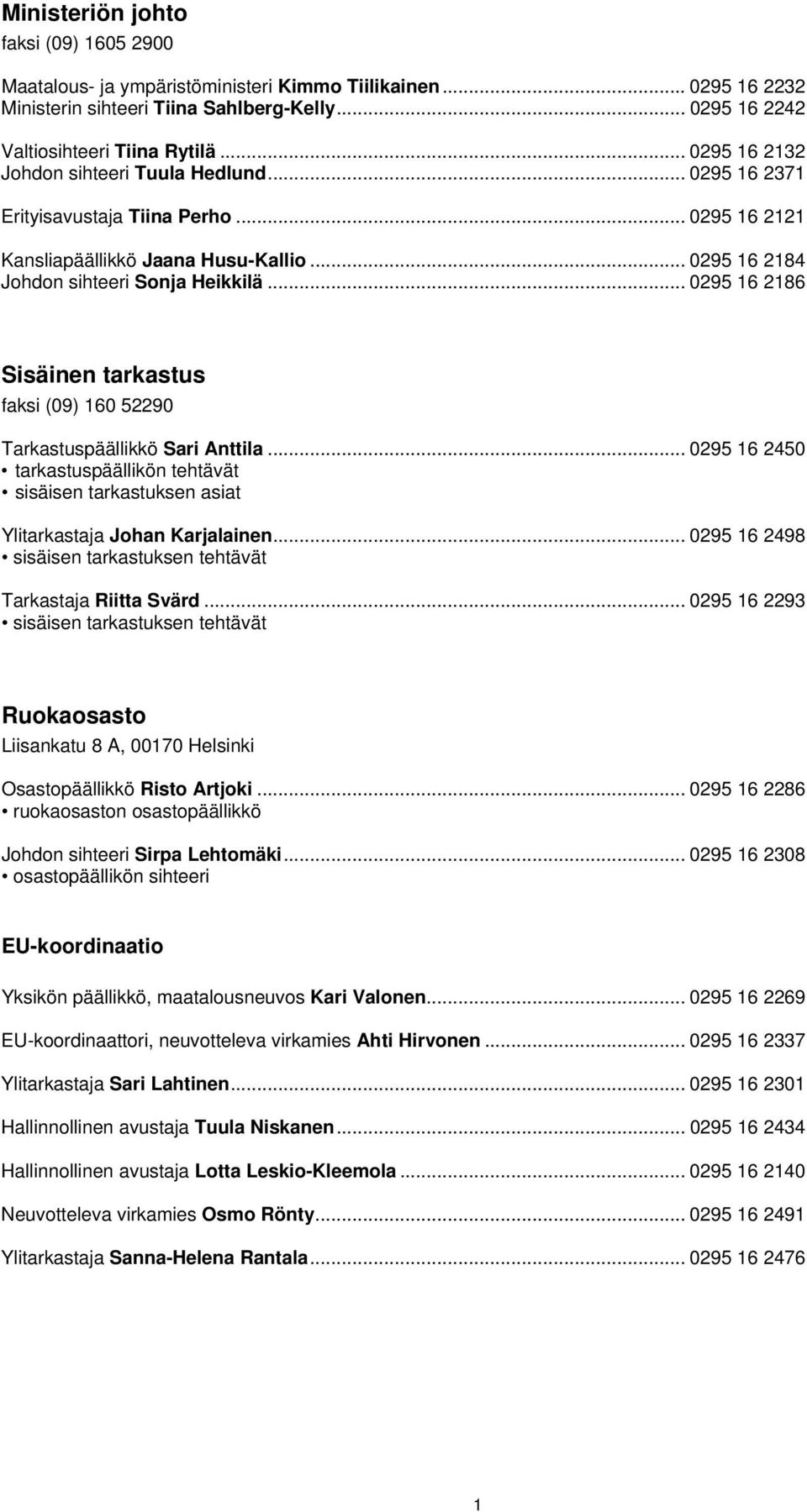 .. 0295 16 2186 Sisäinen tarkastus faksi (09) 160 52290 Tarkastuspäällikkö Sari Anttila... 0295 16 2450 tarkastuspäällikön tehtävät sisäisen tarkastuksen asiat Ylitarkastaja Johan Karjalainen.