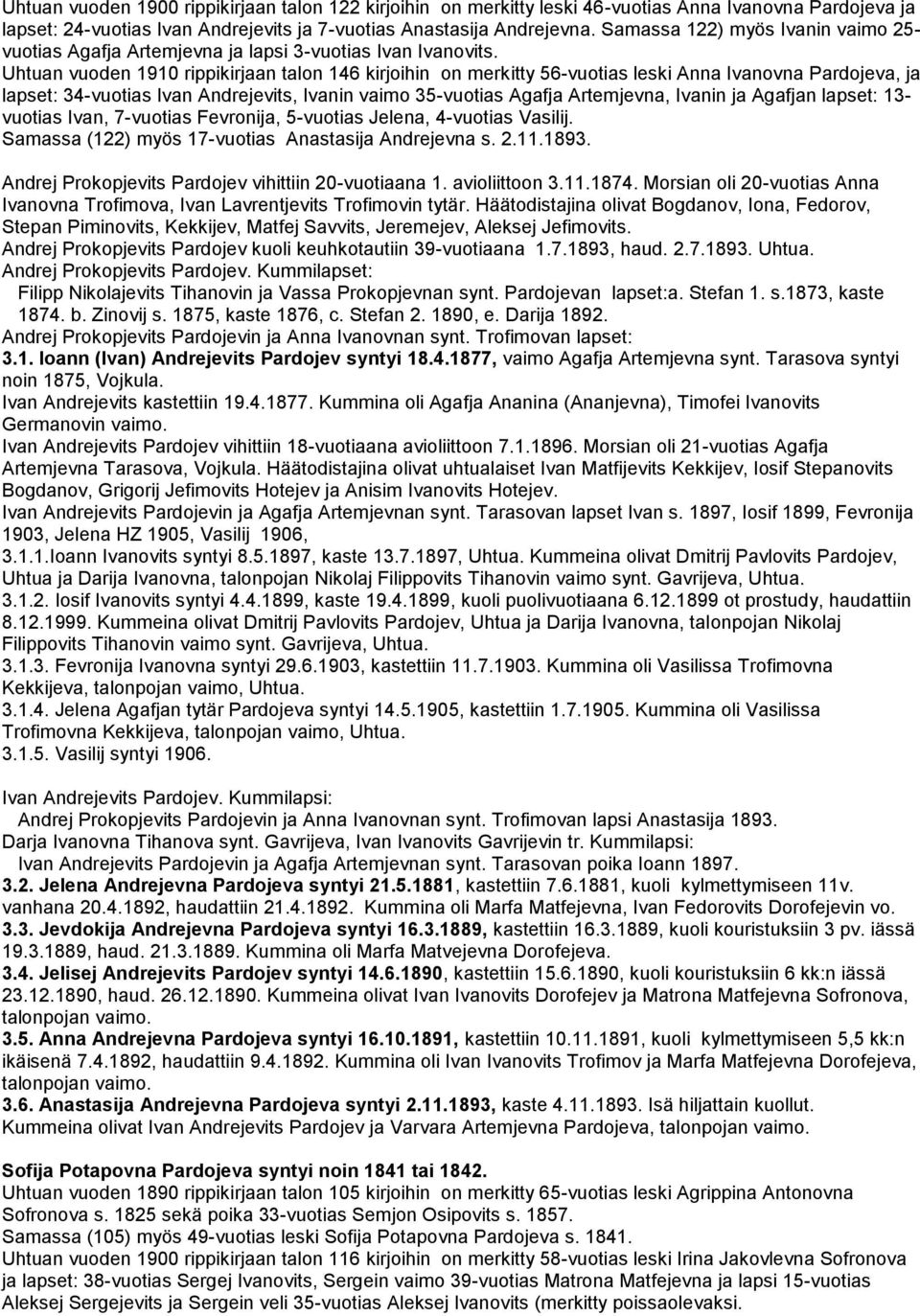 Uhtuan vuoden 1910 rippikirjaan talon 146 kirjoihin on merkitty 56-vuotias leski Anna Ivanovna Pardojeva, ja lapset: 34-vuotias Ivan Andrejevits, Ivanin vaimo 35-vuotias Agafja Artemjevna, Ivanin ja