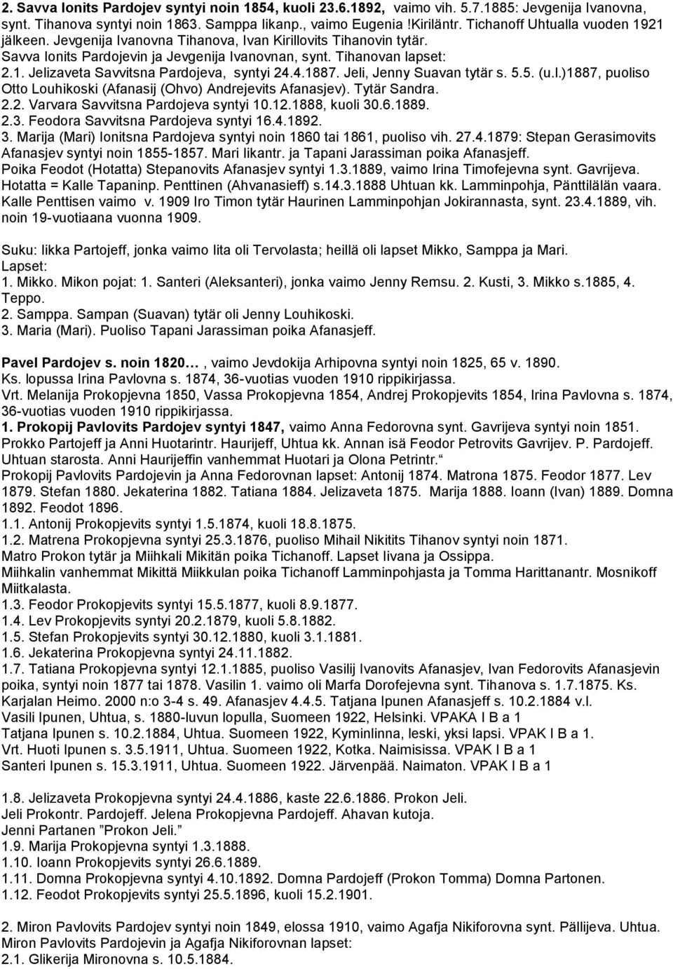 4.1887. Jeli, Jenny Suavan tytär s. 5.5. (u.l.)1887, puoliso Otto Louhikoski (Afanasij (Ohvo) Andrejevits Afanasjev). Tytär Sandra. 2.2. Varvara Savvitsna Pardojeva syntyi 10.12.1888, kuoli 30.6.1889.