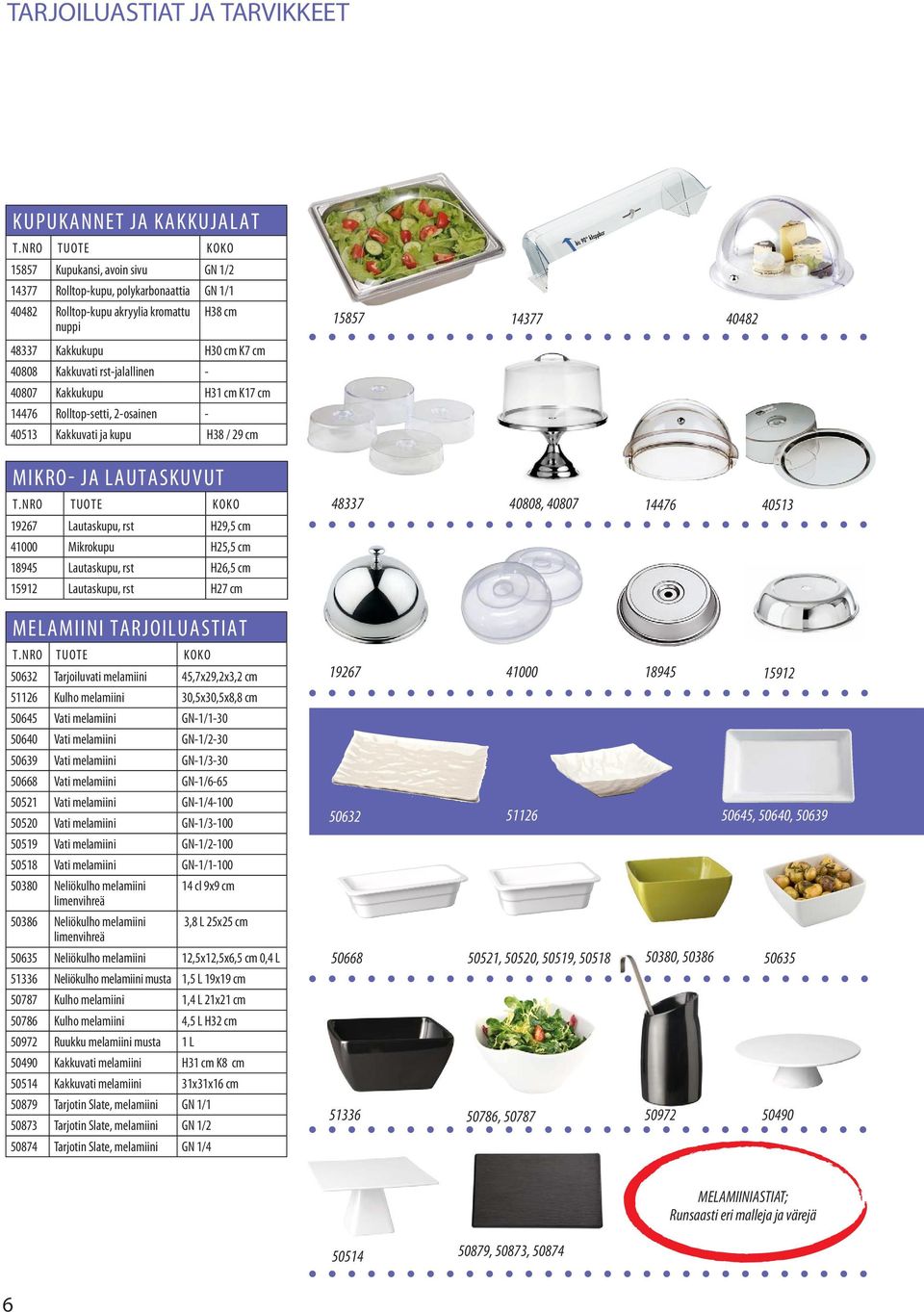 41000 Mikrokupu H25,5 cm 18945 Lautaskupu, rst H26,5 cm 15912 Lautaskupu, rst H27 cm MELAMIINI TARJOILUASTIAT 50632 Tarjoiluvati melamiini 45,7x29,2x3,2 cm 51126 Kulho melamiini 30,5x30,5x8,8 cm