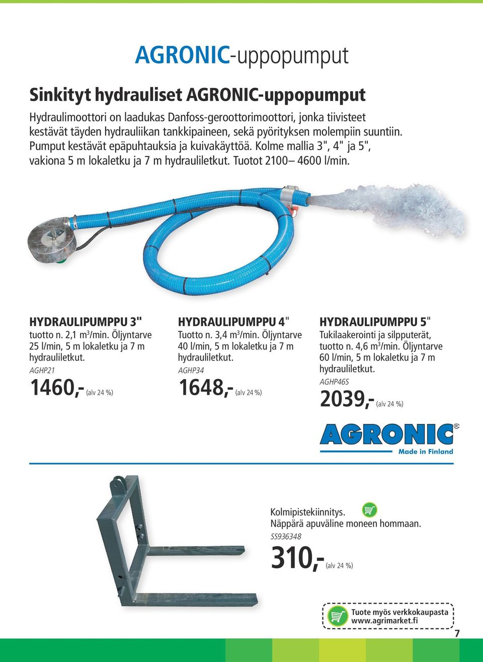 2,1 m 3 /min. Öljyntarve 25 l/min, 5 m lokaletku ja 7 m hydrauliletkut. AGHP21 1460,- HYDRAULIPUMPPU 4" Tuotto n. 3,4 m 3 /min. Öljyntarve 40 l/min, 5 m lokaletku ja 7 m hydrauliletkut.