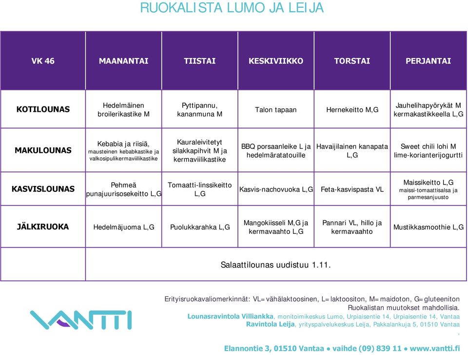 Pehmeä punajuurisosekeitto Tomaatti-linssikeitto Kasvis-nachovuoka Feta-kasvispasta VL Maissikeitto maissi-tomaattisalsa ja parmesanjuusto JÄLKIRUOKA Hedelmäjuoma Puolukkarahka Mangokiisseli MG