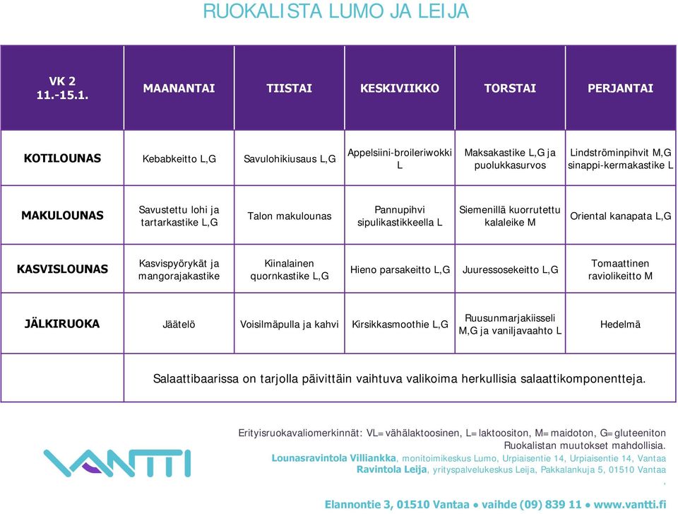 Talon makulounas Pannupihvi sipulikastikkeella L Siemenillä kuorrutettu kalaleike M Oriental kanapata Kasvispyörykät ja mangorajakastike Kiinalainen