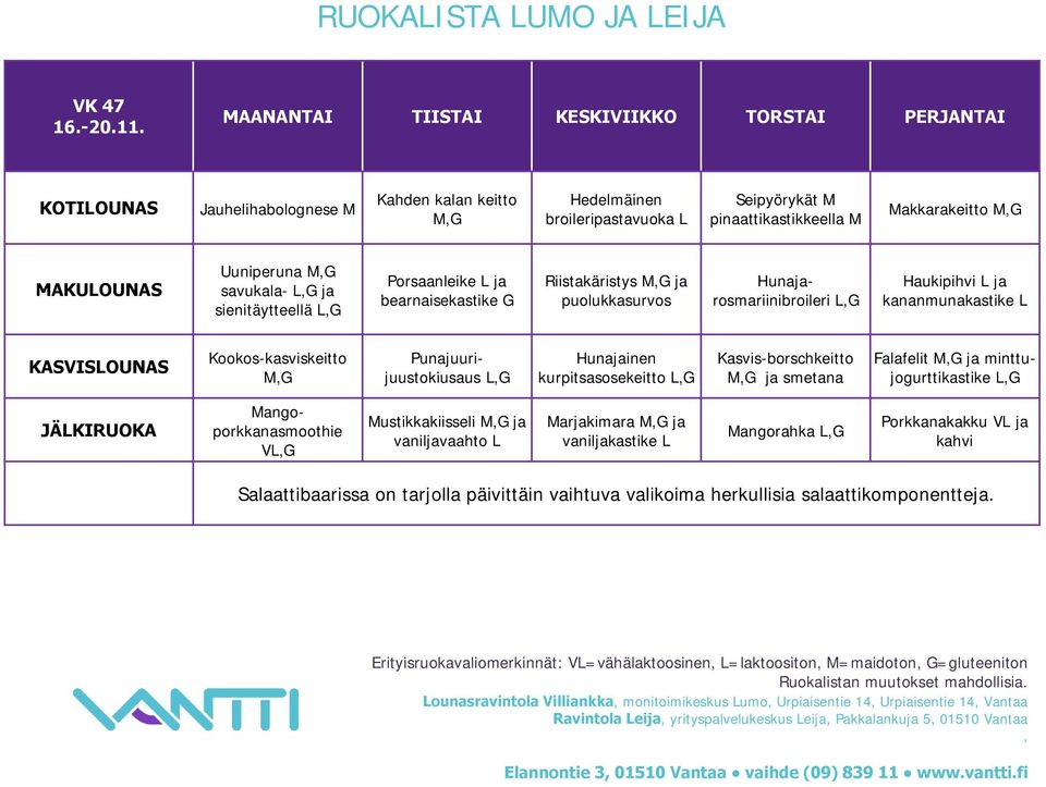 Porsaanleike L ja bearnaisekastike G Riistakäristys MG ja Hunajarosmariinibroileri Haukipihvi L ja kananmunakastike L Kookos-kasviskeitto MG Punajuurijuustokiusaus Hunajainen