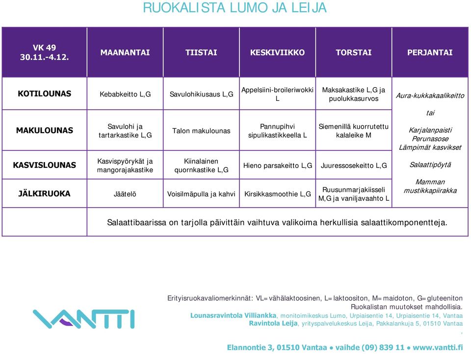 Pannupihvi sipulikastikkeella L Hieno parsakeitto JÄLKIRUOKA Jäätelö Voisilmäpulla ja kahvi Kirsikkasmoothie Maksakastike ja Siemenillä kuorrutettu kalaleike