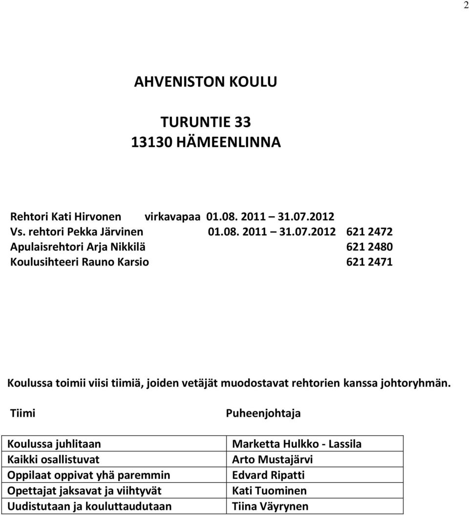 2012 621 2472 Apulaisrehtori Arja Nikkilä 621 2480 Koulusihteeri Rauno Karsio 621 2471 Koulussa toimii viisi tiimiä, joiden vetäjät