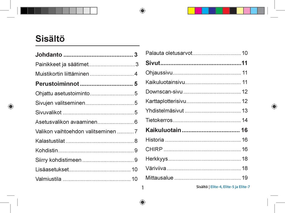 ..5 Yhdistelmäsivut...13 Asetusvalikon avaaminen...6 Tietokerros...14 Valikon vaihtoehdon valitseminen...7 Kaikuluotain... 16 Kalastustilat...8 Historia.