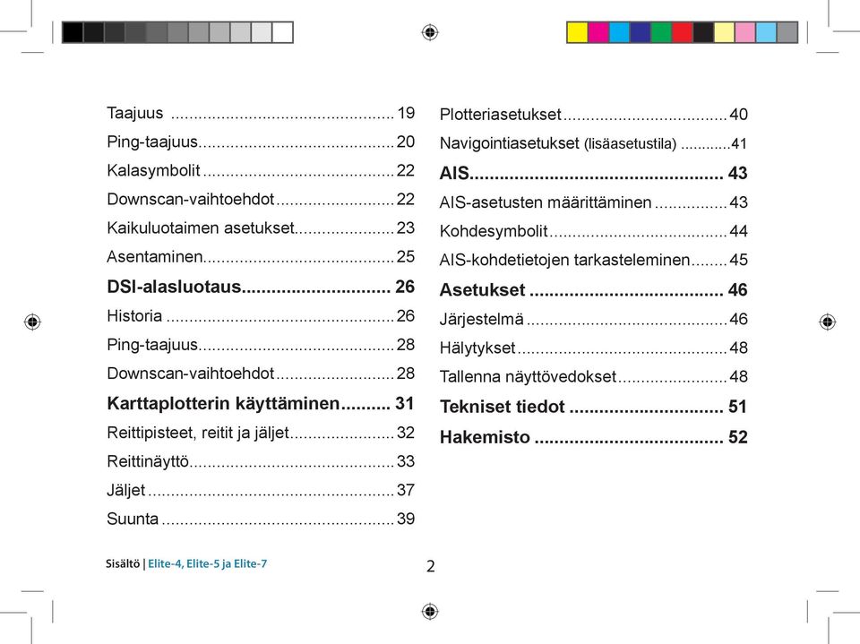 ..39 Sisältö Elite-4, Elite-5 ja Elite-7 Plotteriasetukset...40 Navigointiasetukset (lisäasetustila)...41 AIS... 43 AIS-asetusten määrittäminen.