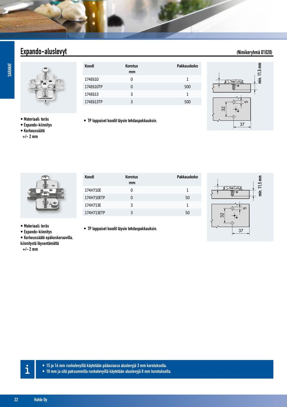 kiinnitystä löysentämättä +/- 2 mm Koodi Korotus Pakkauskoko mm 174H710E 0 1 174H710ETP 0 50 174H713E 3 1 174H713ETP 3 50 32 37 5 min.