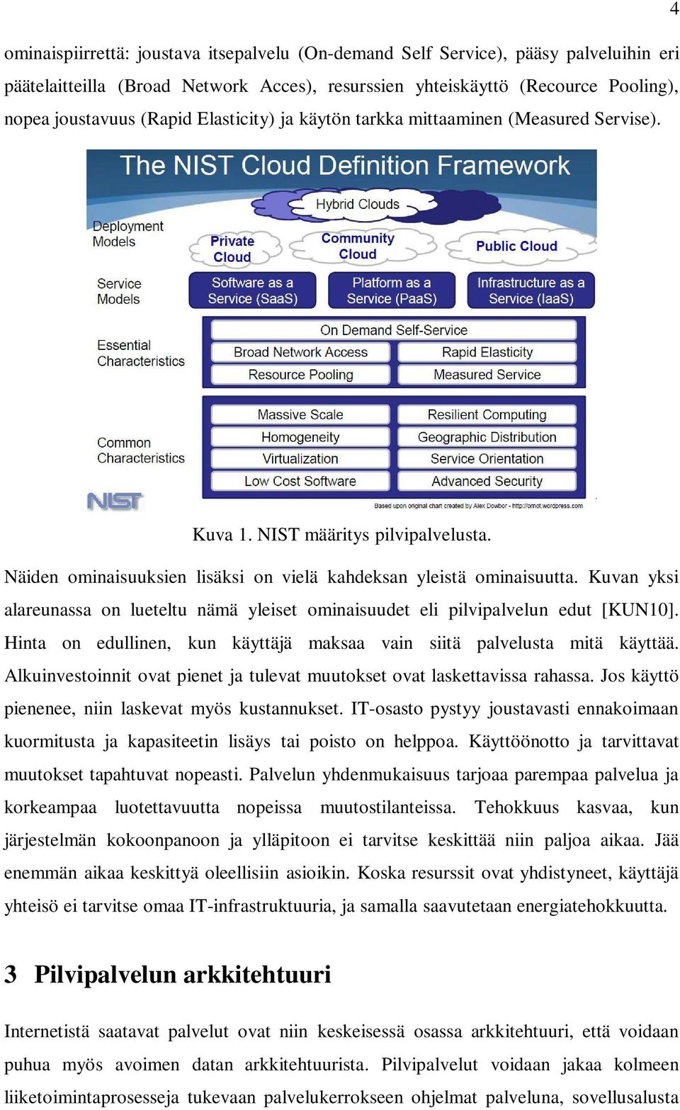 Kuvan yksi alareunassa on lueteltu nämä yleiset ominaisuudet eli pilvipalvelun edut [KUN10]. Hinta on edullinen, kun käyttäjä maksaa vain siitä palvelusta mitä käyttää.