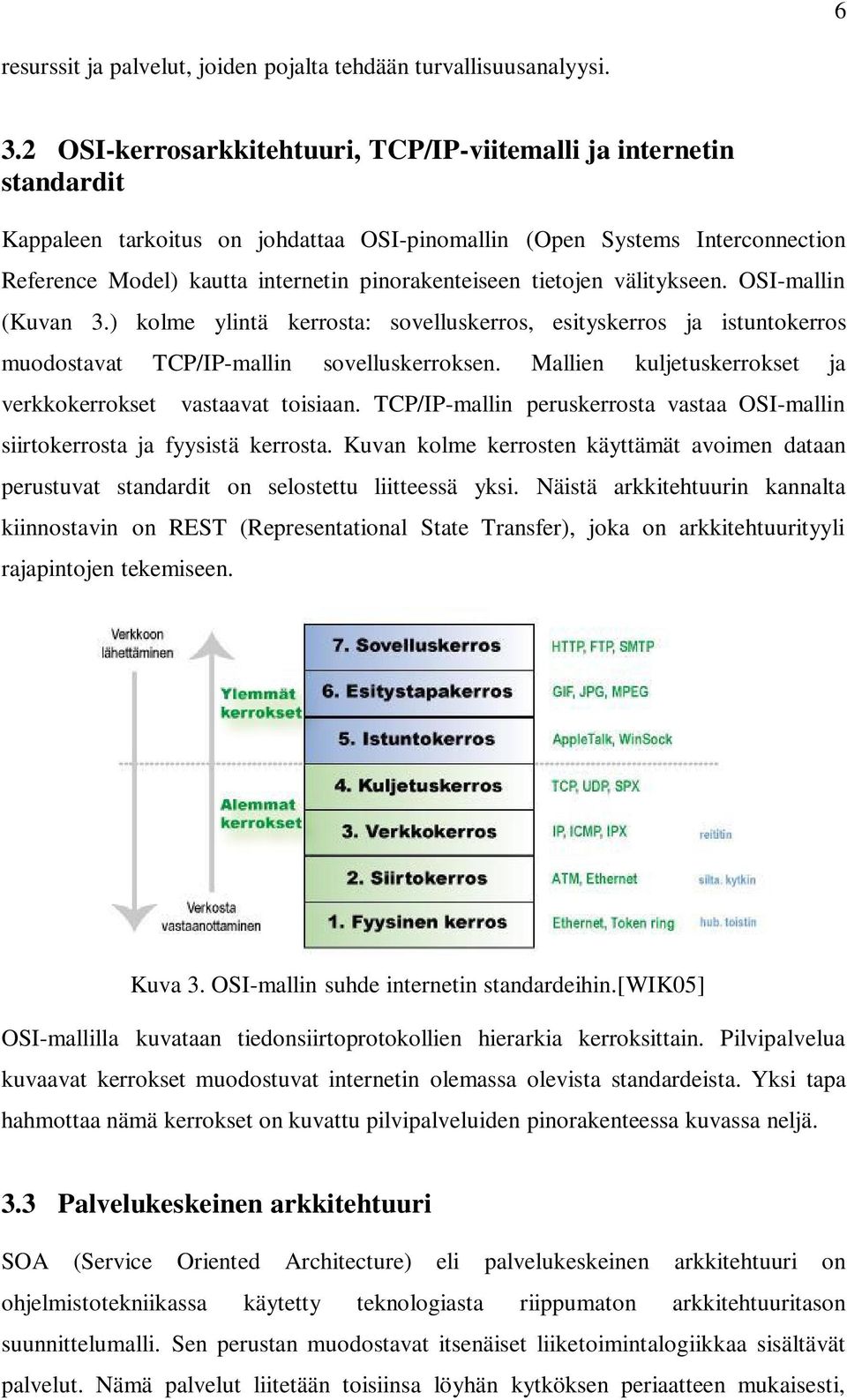 tietojen välitykseen. OSI-mallin (Kuvan 3.) kolme ylintä kerrosta: sovelluskerros, esityskerros ja istuntokerros muodostavat TCP/IP-mallin sovelluskerroksen.