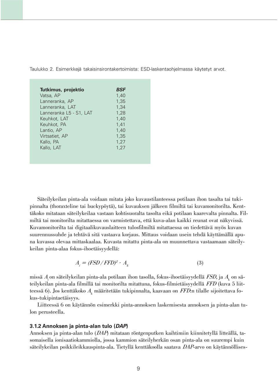 Kallo, LAT 1,27 Säteilykeilan pinta-ala voidaan mitata joko kuvaustilanteessa potilaan ihon tasalta tai tukipinnalta (thoraxteline tai buckypöytä), tai kuvauksen jälkeen filmiltä tai kuvamonitorilta.