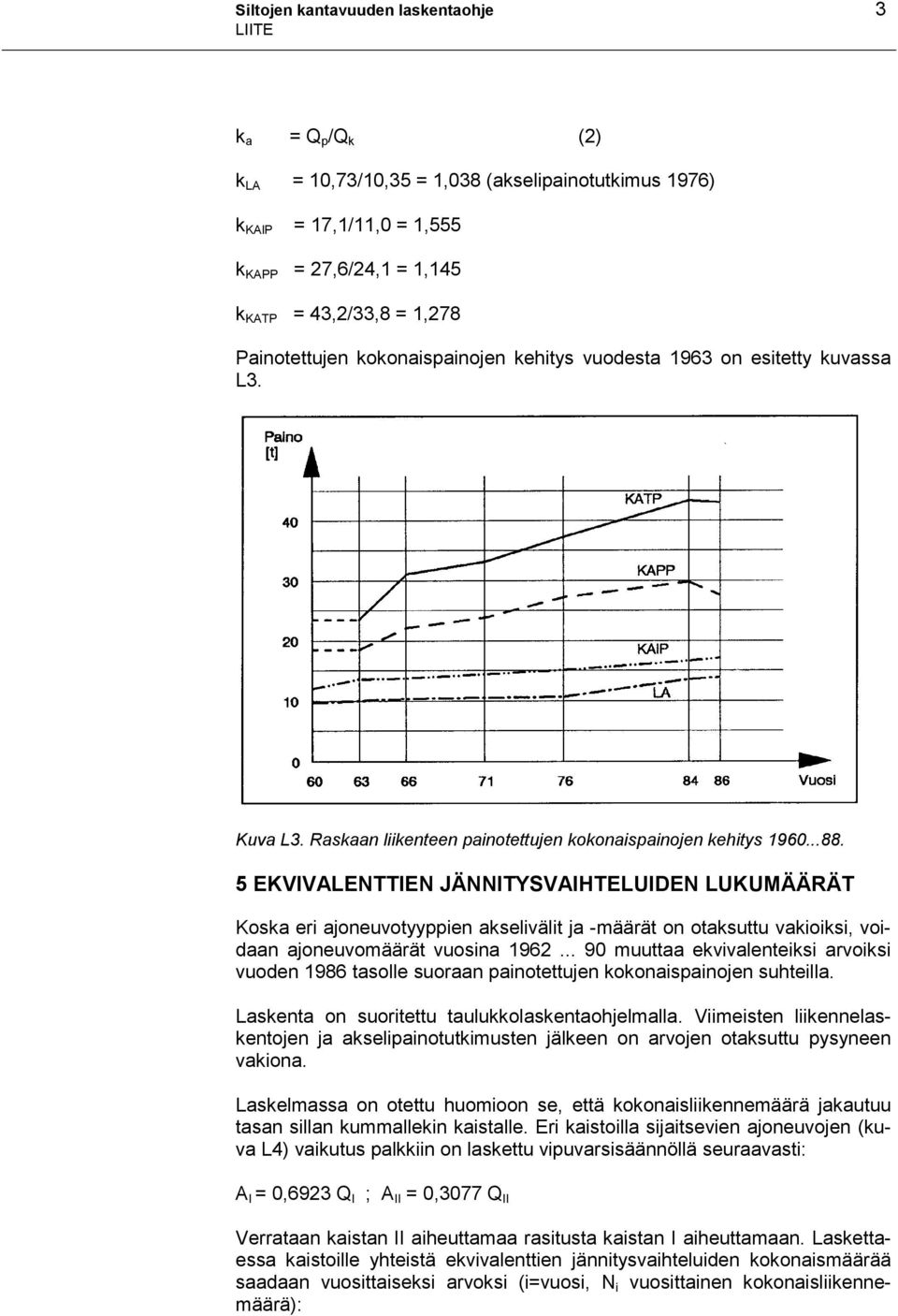 5 EKVIVALENTTIEN JÄNNITYSVAIHTELUIDEN LUKUMÄÄRÄT Koska eri ajoneuvotyyppien akselivälit ja -määrät on otaksuttu vakioiksi, voidaan ajoneuvomäärät vuosina 1962.