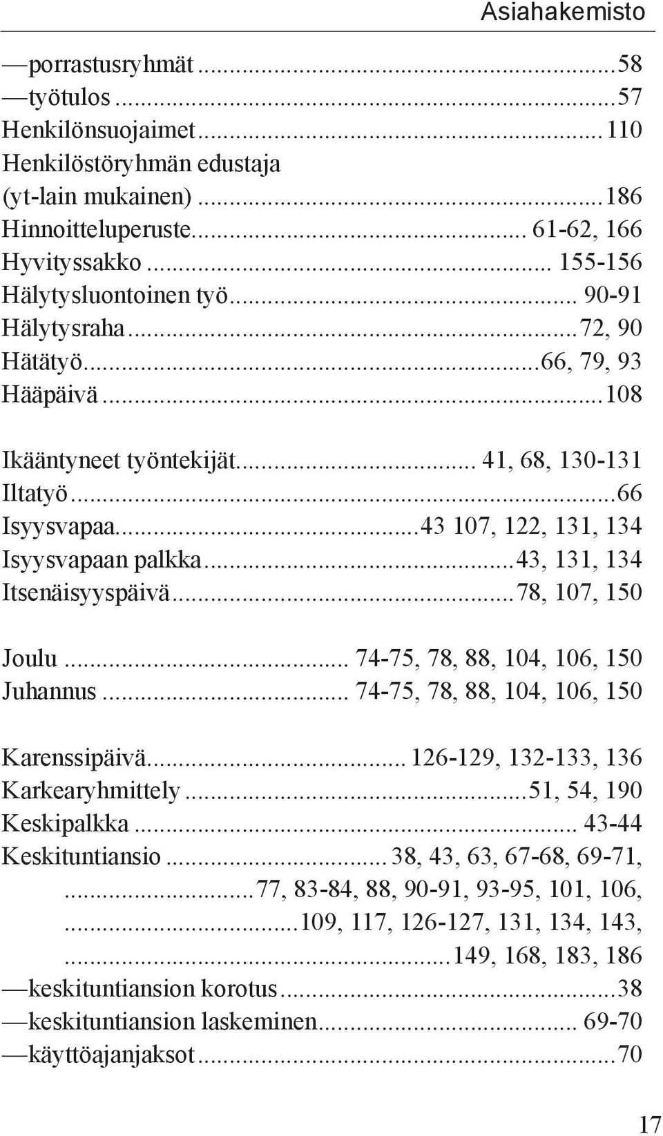 ..43 107, 122, 131, 134 Isyysvapaan palkka...43, 131, 134 Itsenäisyyspäivä...78, 107, 150 Joulu... 74-75, 78, 88, 104, 106, 150 Juhannus... 74-75, 78, 88, 104, 106, 150 Karenssipäivä.