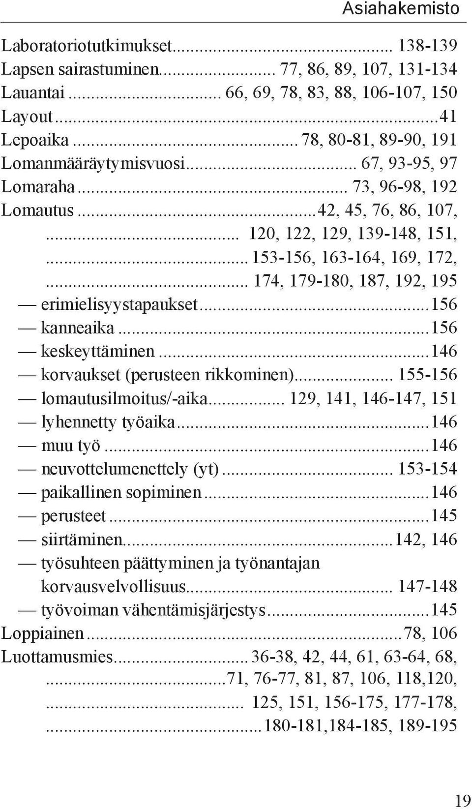 .. 174, 179-180, 187, 192, 195 erimielisyystapaukset...156 kanneaika...156 keskeyttäminen...146 korvaukset (perusteen rikkominen)... 155-156 lomautusilmoitus/-aika.