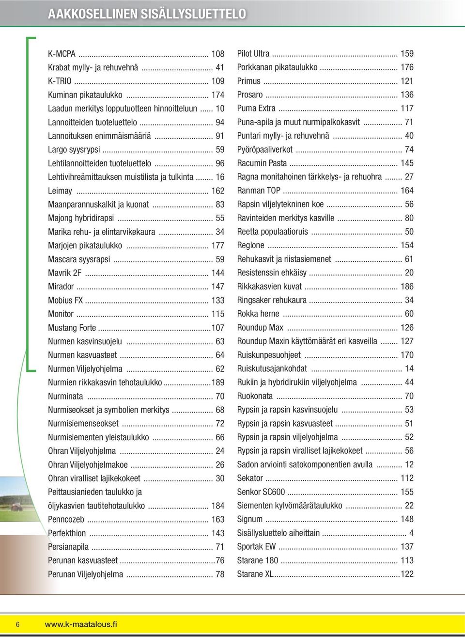 .. 83 Majong hybridirapsi... 55 Marika rehu- ja elintarvikekaura... 34 Marjojen pikataulukko... 177 Mascara syysrapsi... 59 Mavrik 2F... 144 Mirador... 147 Mobius FX... 133 Monitor... 115 Mustang Forte.