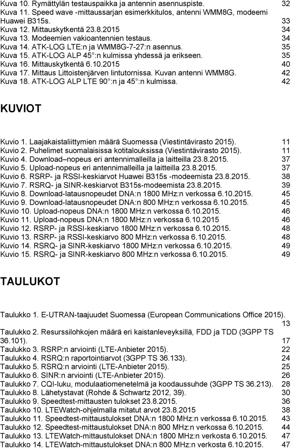 Mittaus Littoistenjärven lintutornissa. Kuvan antenni WMM8G. 42 Kuva 18. ATK-LOG ALP LTE 90 :n ja 45 :n kulmissa. 42 KUVIOT Kuvio 1. Laajakaistaliittymien määrä Suomessa (Viestintävirasto 2015).