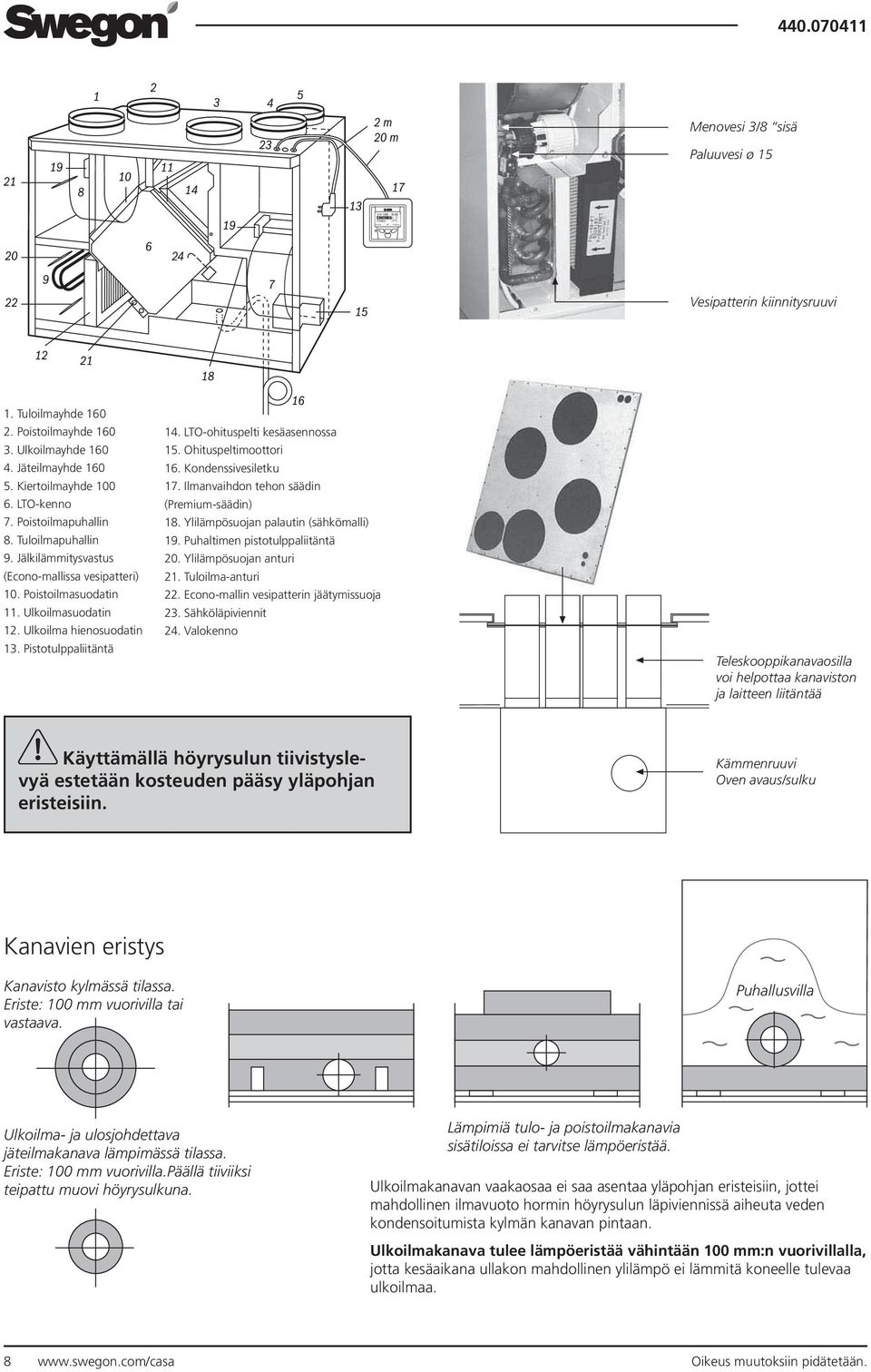 LTO-ohituspelti kesäasennossa 15. Ohituspeltimoottori 16. Kondenssivesiletku 17. Ilmanvaihdon tehon säädin (Premium-säädin) 18. Ylilämpösuojan palautin (sähkömalli) 19.