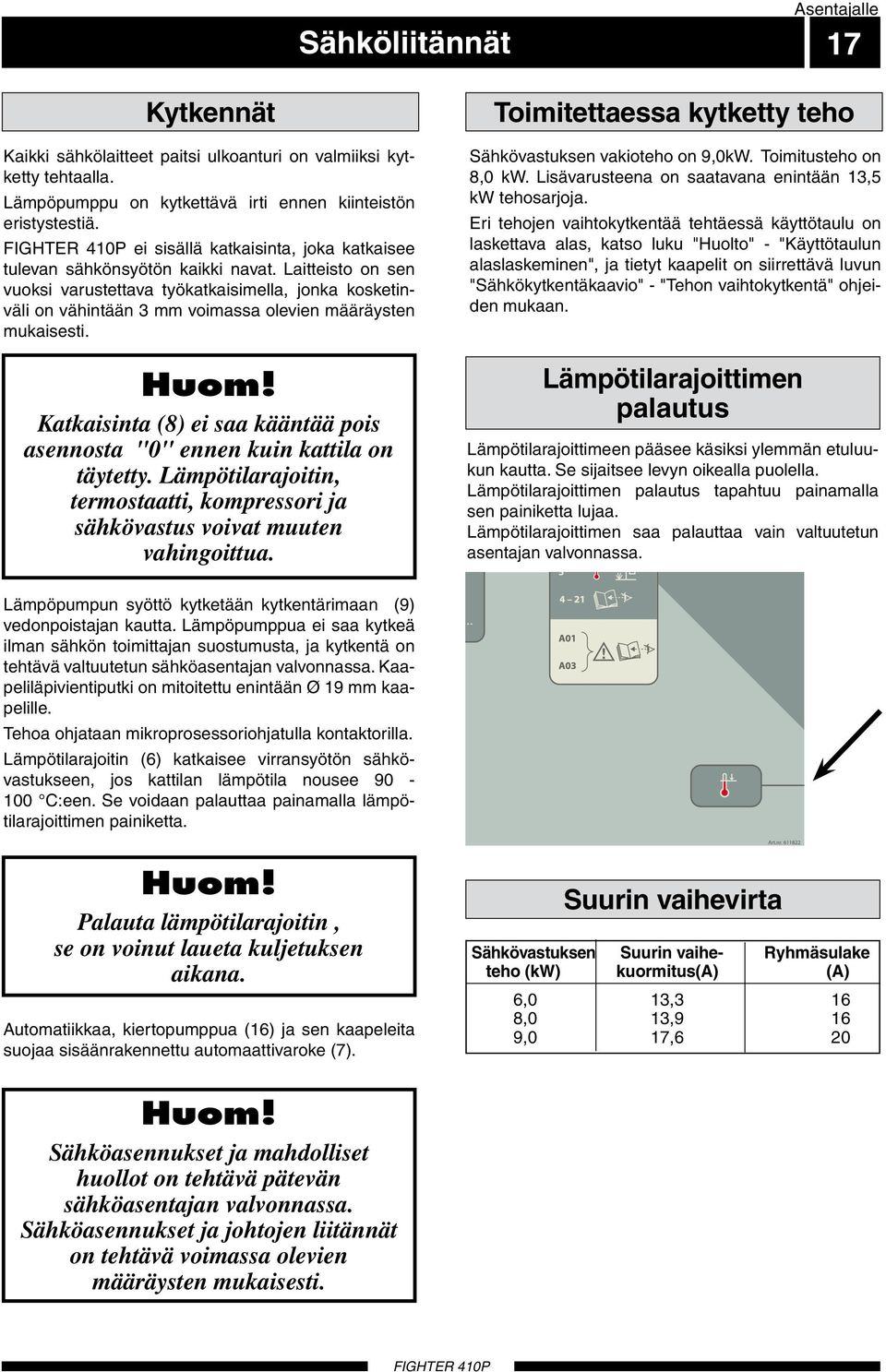 Laitteisto on sen vuoksi varustettava työkatkaisimella, jonka kosketinväli on vähintään mm voimassa olevien määräysten mukaisesti. Huom!